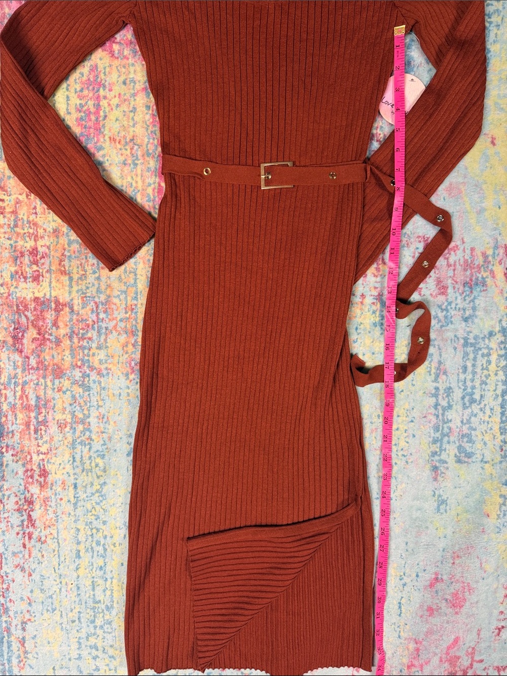 Love Tree Rust Ribbed Long-Sleeve Belted Dress - Picture 4 of 7